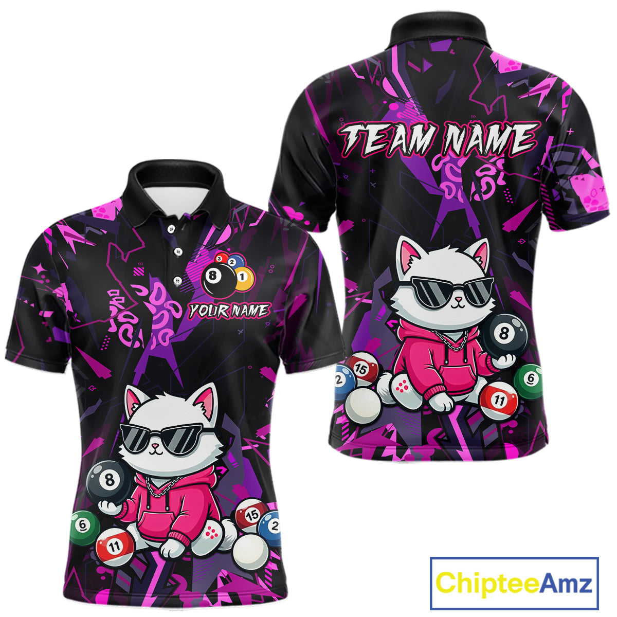 Custom Pink Cat Funny 8 Ball Pool Shirts Billiard Shirt for Men Billiard Team Jersey League NNT175