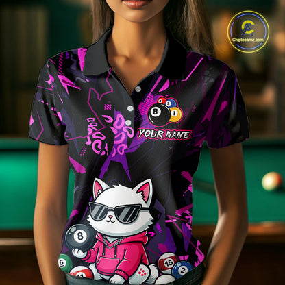 Custom Pink Cat Funny 8 Ball Pool Shirts Billiard Shirt for Women Billiard Team Jersey League NNT175