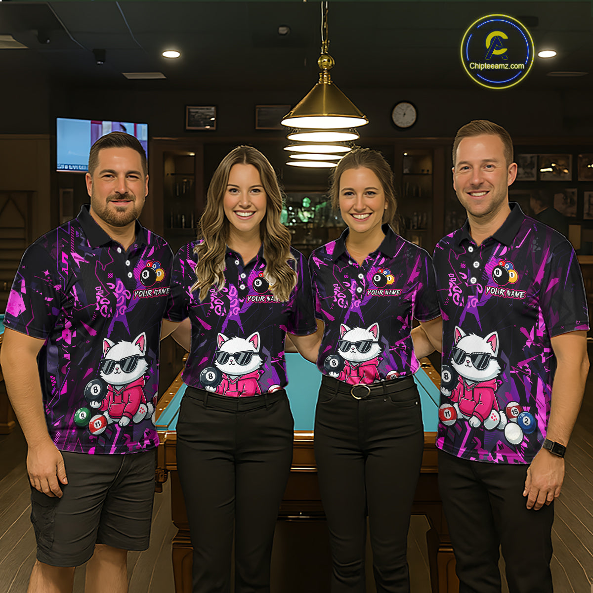 Custom Pink Cat Funny 8 Ball Pool Shirts Billiard Shirt for Women Billiard Team Jersey League NNT175
