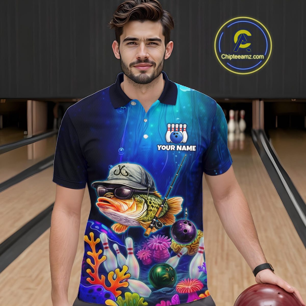 Man wearing an underwater-themed bowling polo featuring a fish mascot wearing sunglasses and a cap, colorful coral reefs, bowling pins, bowling balls, and custom your name text.