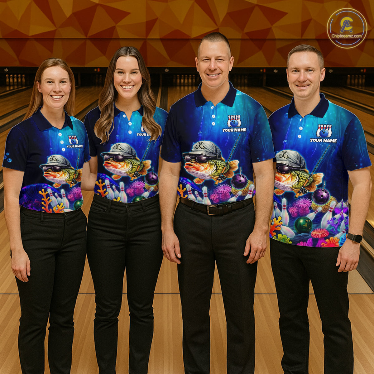 Four people wearing underwater-themed bowling polo featuring a fish mascot wearing sunglasses and a cap, colorful coral reefs, bowling pins, bowling balls, and custom team text.