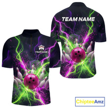 Load image into Gallery viewer, Front and back personalized bowling quarter zip with pink ball, scattered pins, neon lightning, team name, and player name on black background