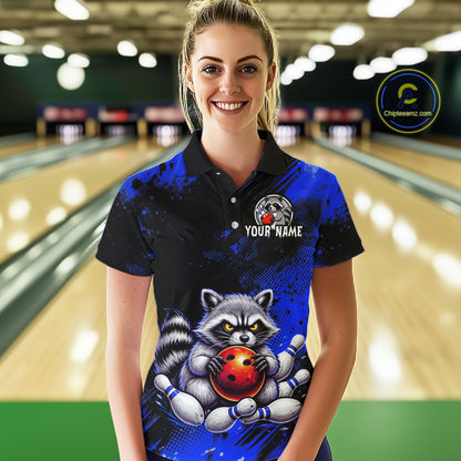 Blue Funny Raccoon Custom Bowling Jersey for Women Bowling Team Shirts Bowling League Polo & 1/4 Zip HNT489