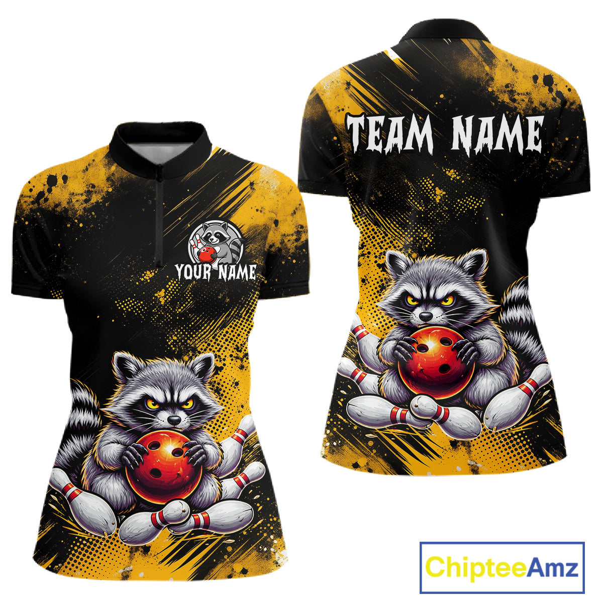 Yellow Funny Raccoon Custom Bowling Jersey for Women Bowling Team Shirts Bowling League Polo & 1/4 Zip HNT489