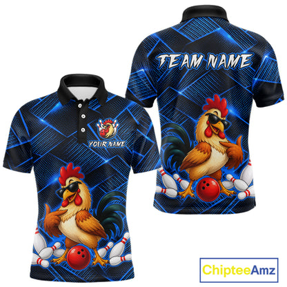 Front and back views of a blue and black bowling polo shirt featuring a cool rooster mascot wearing sunglasses, a red bowling ball, bowling pins, and custom team text.