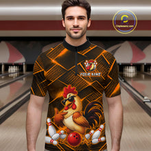 Load image into Gallery viewer, Man wearing a orange and black bowling quarter zip shirt featuring a cool rooster mascot wearing sunglasses, a red bowling ball, bowling pins, and custom your name text.