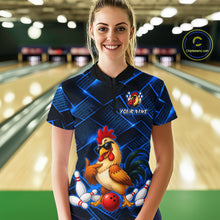 Load image into Gallery viewer, Woman wearing a blue and black bowling quarter zip shirt featuring a cool rooster mascot wearing sunglasses, a red bowling ball, bowling pins, and custom your name text.
