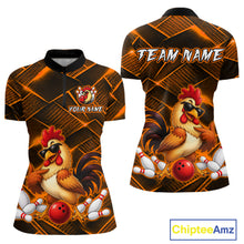 Load image into Gallery viewer, Front and back views of a orange and black bowling quarter zip shirt featuring a cool rooster mascot wearing sunglasses, a red bowling ball, bowling pins, and custom team text.