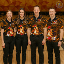 Load image into Gallery viewer, Four people wearing orange and black bowling polo shirt featuring a cool rooster mascot wearing sunglasses, a red bowling ball, bowling pins, and custom your name text.