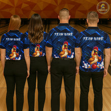 Load image into Gallery viewer, Four people wearing blue and black bowling polo shirt featuring a cool rooster mascot wearing sunglasses, a red bowling ball, bowling pins, and custom team name text.