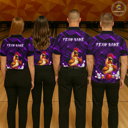 Four people wearing purple and black bowling polo shirt featuring a cool rooster mascot wearing sunglasses, a red bowling ball, bowling pins, and custom team name text