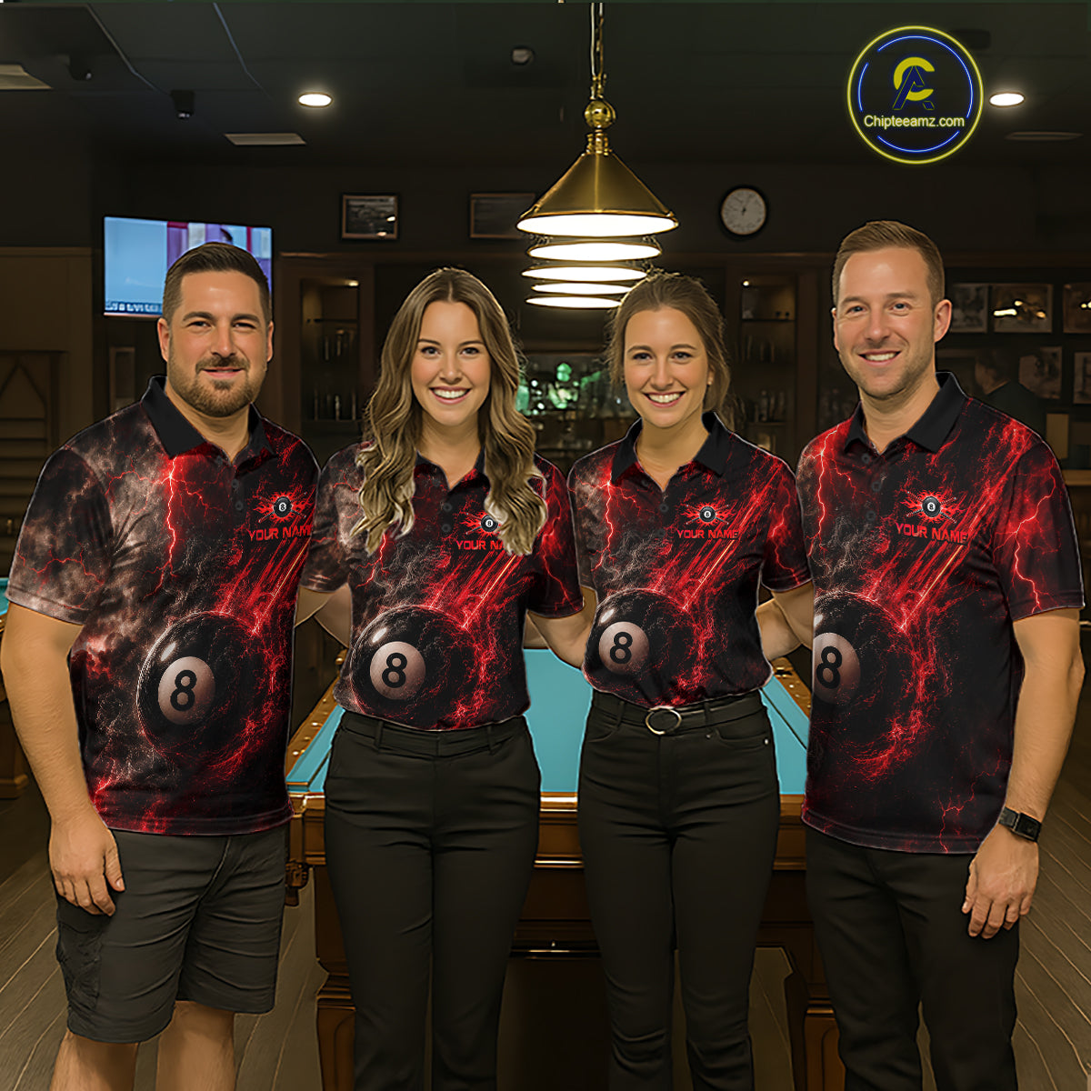 Custom Flaming Red Lightning 8 Ball Billiard Shirt for Men Billiard Team Jersey Billiard League NNT194
