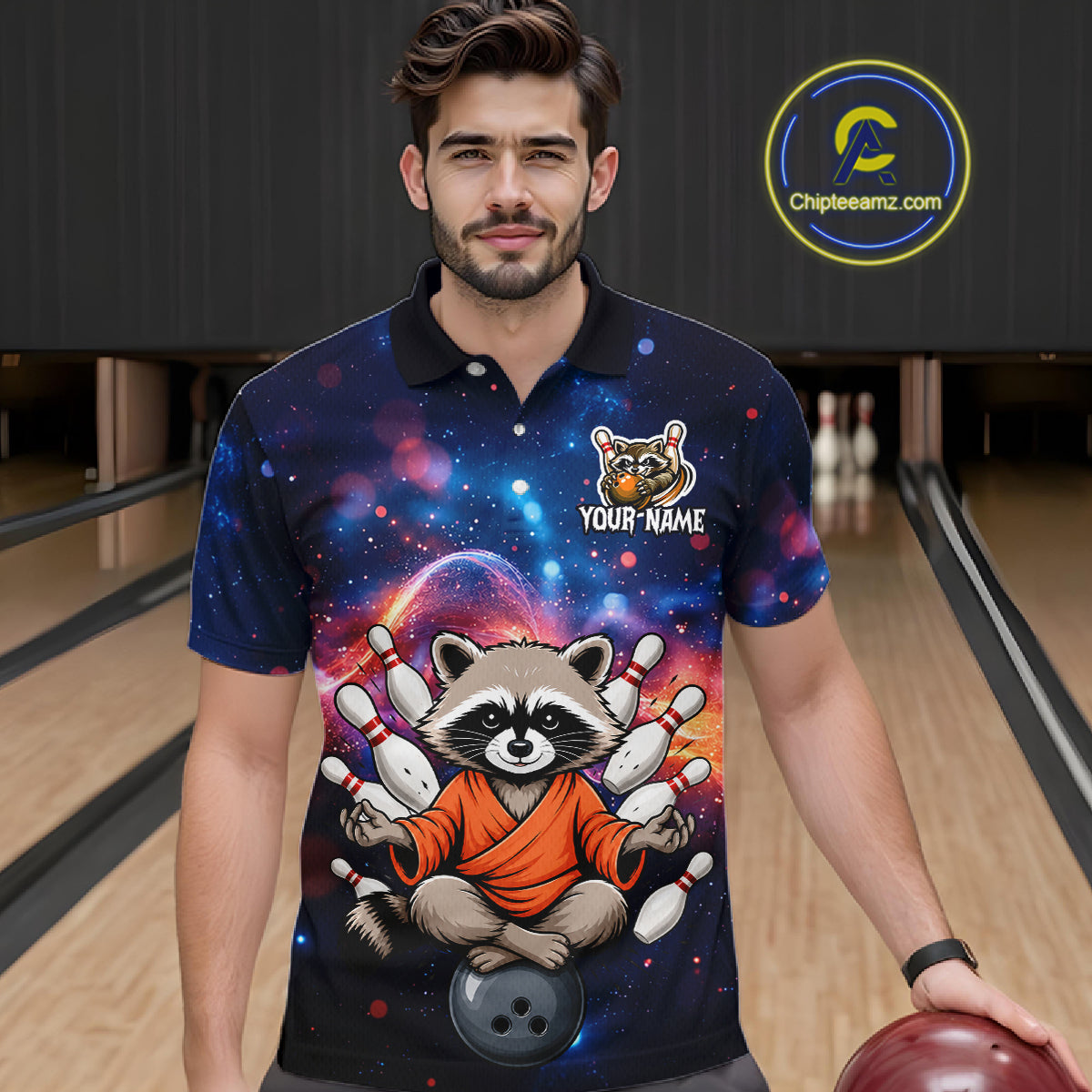Custom Galaxy Funny Zen Raccoon Bowling Shirt for Men Bowling Team Shirts Bowling Outfit HNT313