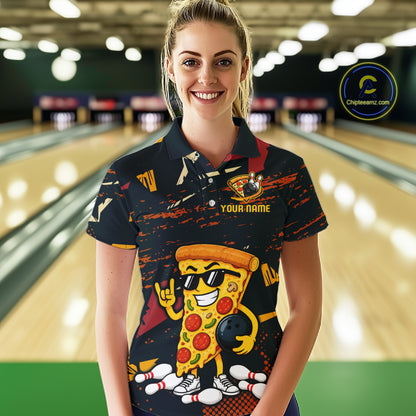 Woman wearing a black bowling polo featuring orange grunge graphics, a sunglasses-wearing pizza slice mascot, bowling pins, and custom your name text.