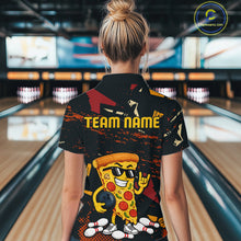 Load image into Gallery viewer, Woman wearing a black bowling polo featuring orange grunge graphics, a sunglasses-wearing pizza slice mascot, bowling pins, and custom team name text.