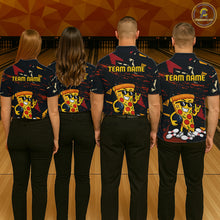 Load image into Gallery viewer, Four people wearing black bowling polo featuring orange grunge graphics, a sunglasses-wearing pizza slice mascot, bowling pins, and custom team name text.