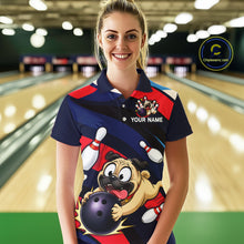 Load image into Gallery viewer, Person wearing a navy, red, and white bowling polo featuring a cartoon pug holding a purple bowling ball, pins, and custom team text.