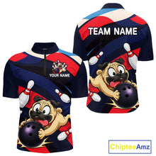 Load image into Gallery viewer, Front and back views of a navy, red, and white bowling quarter zip featuring a cartoon pug holding a purple bowling ball, pins, and custom team text.