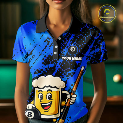 Custom Funny Blue Beer 8 Ball Pool Billiard Shirt for Women Polo & 1/4 Zip, Billiard Team Jerseys NNT147