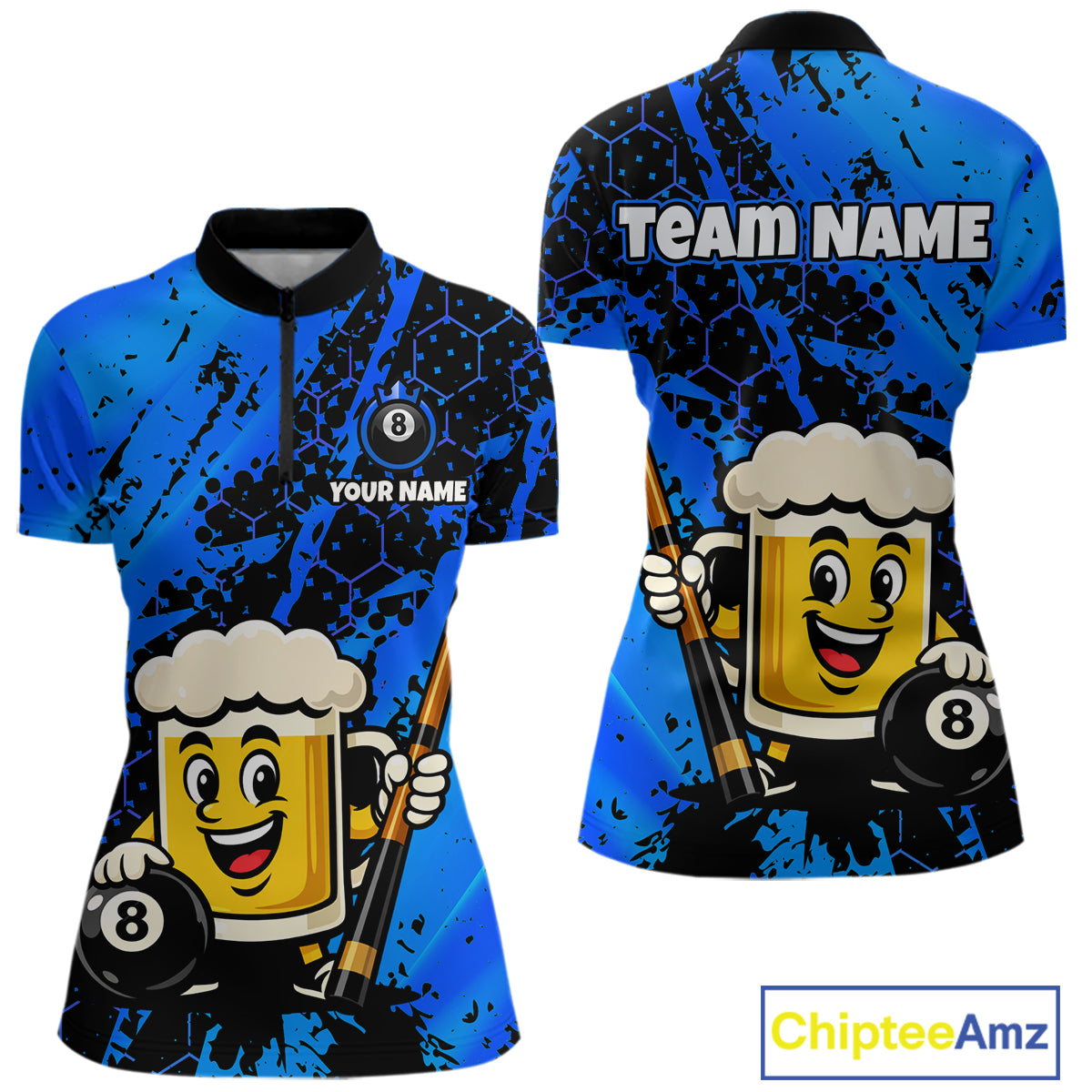 Custom Funny Blue Beer 8 Ball Pool Billiard Shirt for Women Polo & 1/4 Zip, Billiard Team Jerseys NNT147