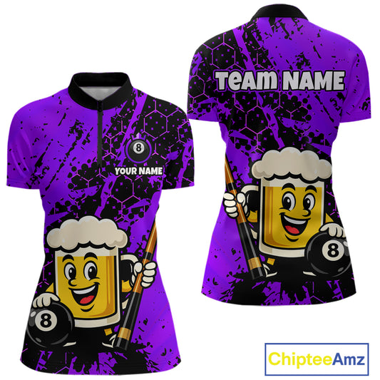 Custom Funny Purple Beer 8 Ball Pool Billiard Shirt for Women Polo & 1/4 Zip, Billiard Team Jerseys NNT147