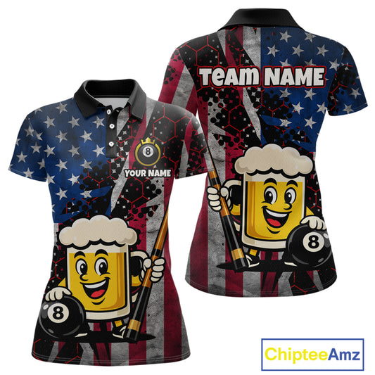 Custom Funny US Flag Beer 8 Ball Pool Billiard Shirt for Women Polo & 1/4 Zip, Billiard Team Jerseys NNT147