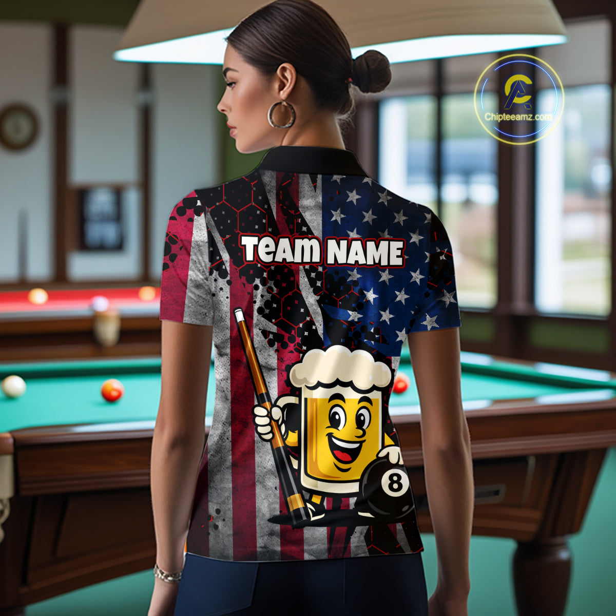 Custom Funny US Flag Beer 8 Ball Pool Billiard Shirt for Women Polo & 1/4 Zip, Billiard Team Jerseys NNT147
