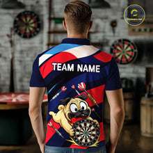 Load image into Gallery viewer, Person wearing a navy, red, and white darts polo featuring a cartoon pug holding a dartboard, flying darts, and custom team text.