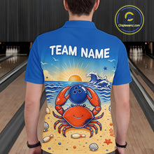 Load image into Gallery viewer, Person wearing a blue shirt with a colorful crab design and 'Team Name' text in a bowling alley.