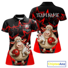 Load image into Gallery viewer, Black and red polo shirt with cartoon sheep design and customizable text on a white background