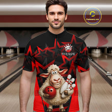 Load image into Gallery viewer, Man wearing a bowling-themed shirt with a sheep design in a bowling alley.