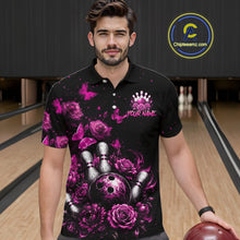 Load image into Gallery viewer, Men’s pink rose butterfly bowling polo shirt, front view on male model in bowling lane 