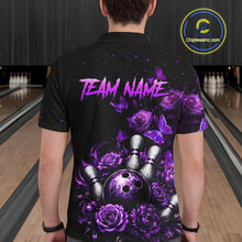 Load image into Gallery viewer, Men’s purple rose butterfly bowling polo shirt, back view on male model in bowling lane 