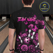 Load image into Gallery viewer, Men’s pink rose butterfly bowling polo shirt, back view on male model in bowling lane 