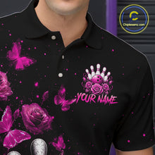 Load image into Gallery viewer, Men’s pink rose butterfly bowling polo shirt with custom name, angled front view showing custom team design 
