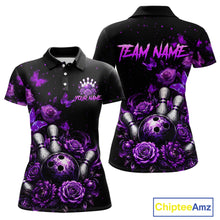 Load image into Gallery viewer, Custom purple rose butterfly bowling jersey for women, personalized team bowling polo shirt front view and back view