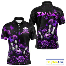 Load image into Gallery viewer, Custom purple rose butterfly bowling jersey for men, personalized team bowling polo shirt front view and back view