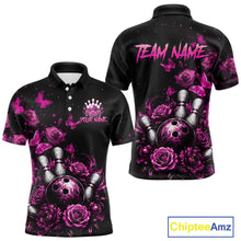 Load image into Gallery viewer, Custom pink rose butterfly bowling jersey for men, personalized team bowling polo shirt front view and back view