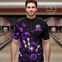 Load image into Gallery viewer, Men’s purple rose butterfly bowling quarter zip shirt, front view on male model in bowling lane 