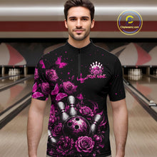Load image into Gallery viewer, Men’s pink rose butterfly bowling quarter zip shirt, front view on male model in bowling lane 