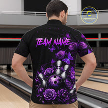 Load image into Gallery viewer, Men’s purple rose butterfly bowling quarter zip shirt, back view on male model in bowling lane 