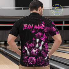 Load image into Gallery viewer, Men’s pink rose butterfly bowling quarter zip shirt, back view on male model in bowling lane 