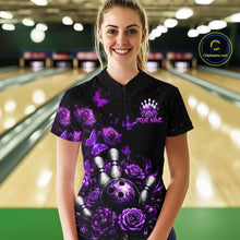 Load image into Gallery viewer, Women’s purple rose butterfly bowling quarter zip shirt, front view on female model in bowling lane 