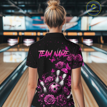 Women’s pink rose butterfly bowling polo shirt, back view on female model in bowling lane 