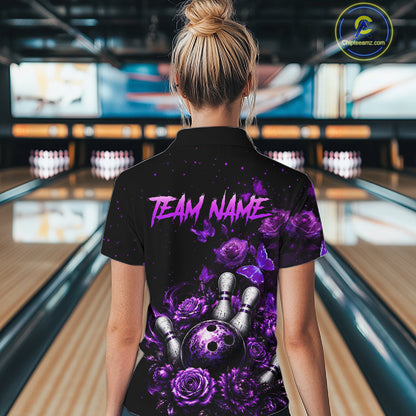 Women’s purple rose butterfly bowling quarter zip shirt, back view on female model in bowling lane 