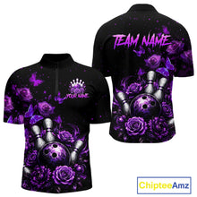 Load image into Gallery viewer, Custom purple rose butterfly bowling jersey for men, personalized team bowling quarter zip shirt front view and back view