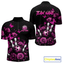 Load image into Gallery viewer, Custom pink rose butterfly bowling jersey for men, personalized team bowling quarter zip shirt front view and back view