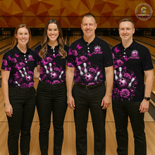 Load image into Gallery viewer, Group of bowlers in pink rose butterfly team shirts, personalized bowling uniforms front view.
