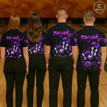 Load image into Gallery viewer, Group of bowlers in purple rose butterfly team shirts, personalized bowling uniforms back view.