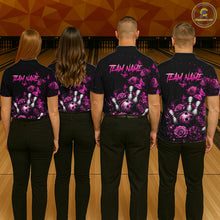 Load image into Gallery viewer, Group of bowlers in pink rose butterfly team shirts, personalized bowling uniforms back view.
